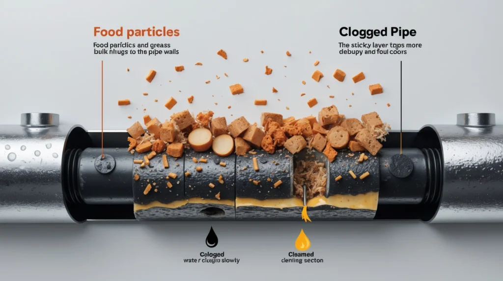 Food Particles, Grease Buildup, and Drain Pipe Clogs